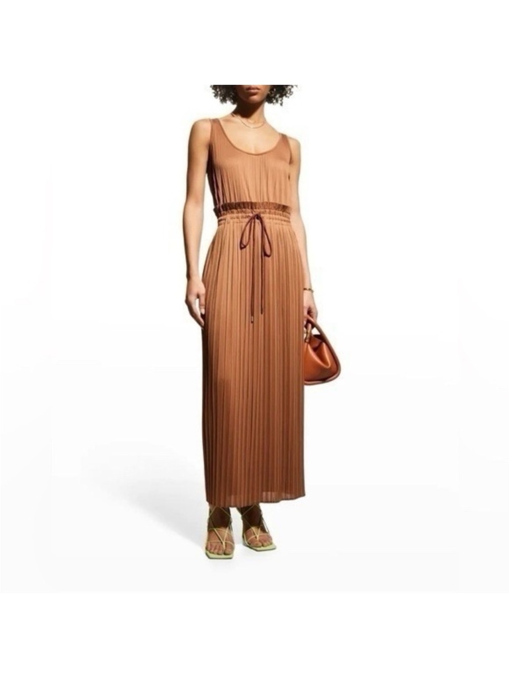A.L.C. Rust-Brown Sleeveless Pleated Midi Dress with Drawstring Waist - Picture 5 of 5